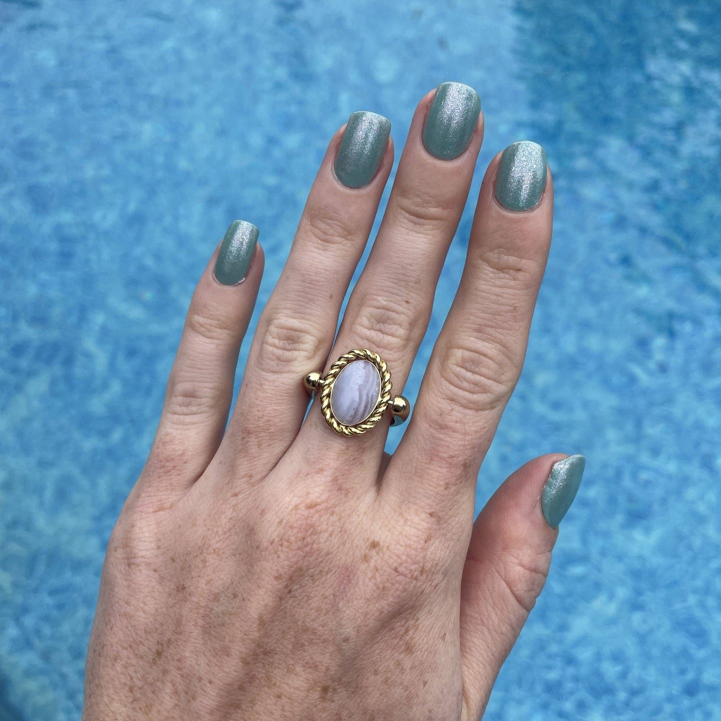 Blue Lace Agate Rope Oval Charm - Captain Kate Collection: Silver